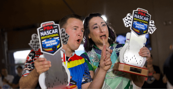  Lindsay Boomershine and AJ Allmendinger Victorious with the trophy at Go Bowling PBA NASCAR Invitational